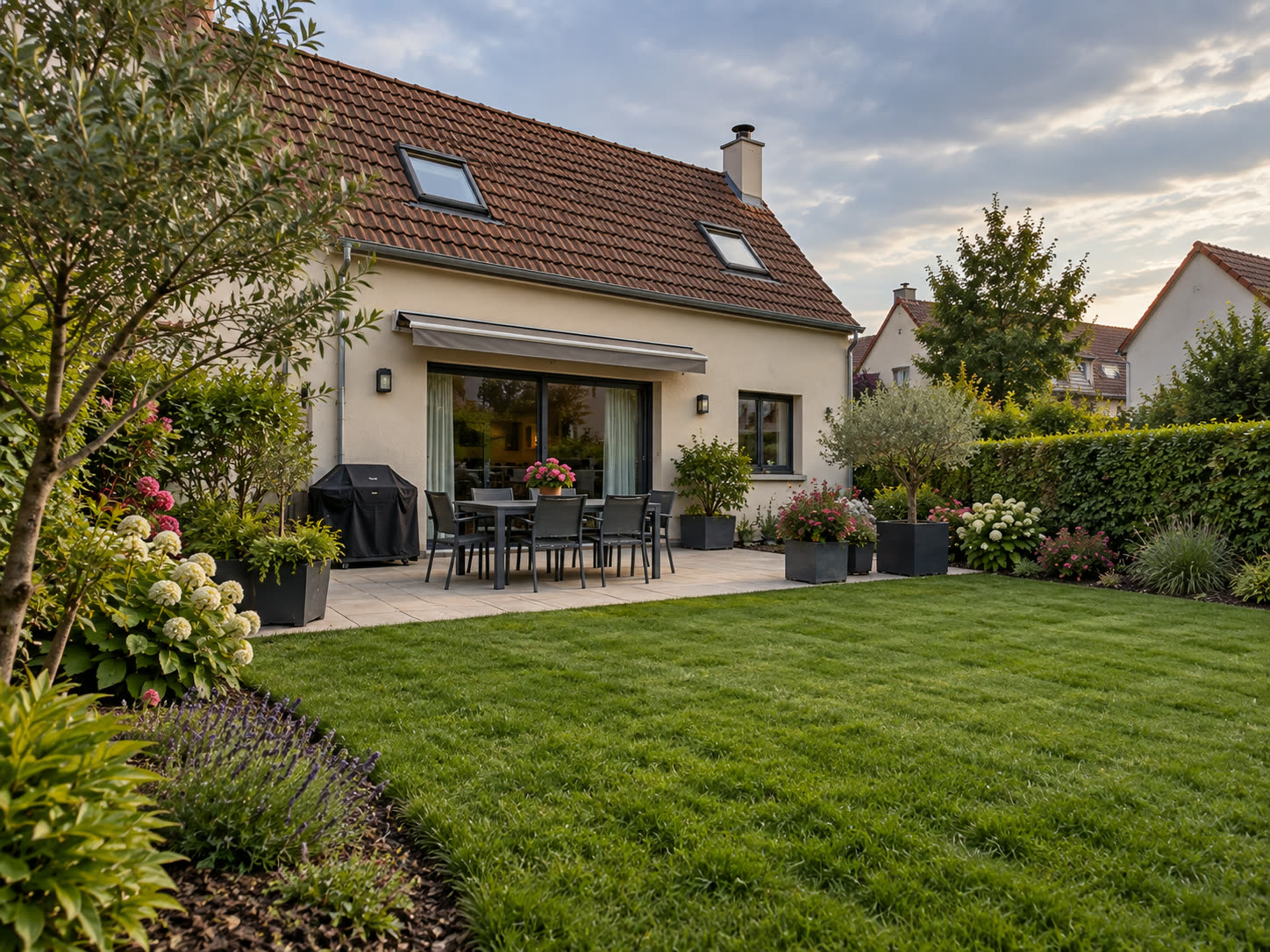 Jardin après intervention : terrasse dallée, massifs de lavande et d'hortensias, olivier en pot