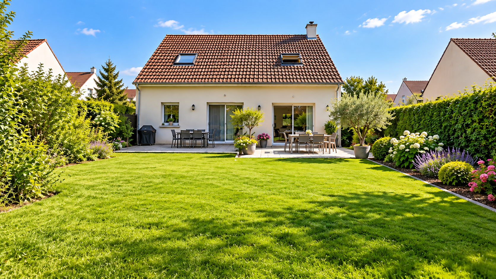 Jardin rénové avec une pelouse verte et un patio aménagé